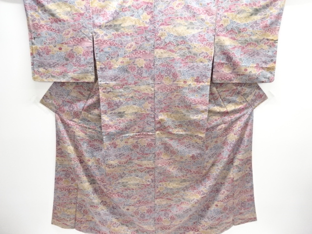 松楓牡丹模様手織り紬着物